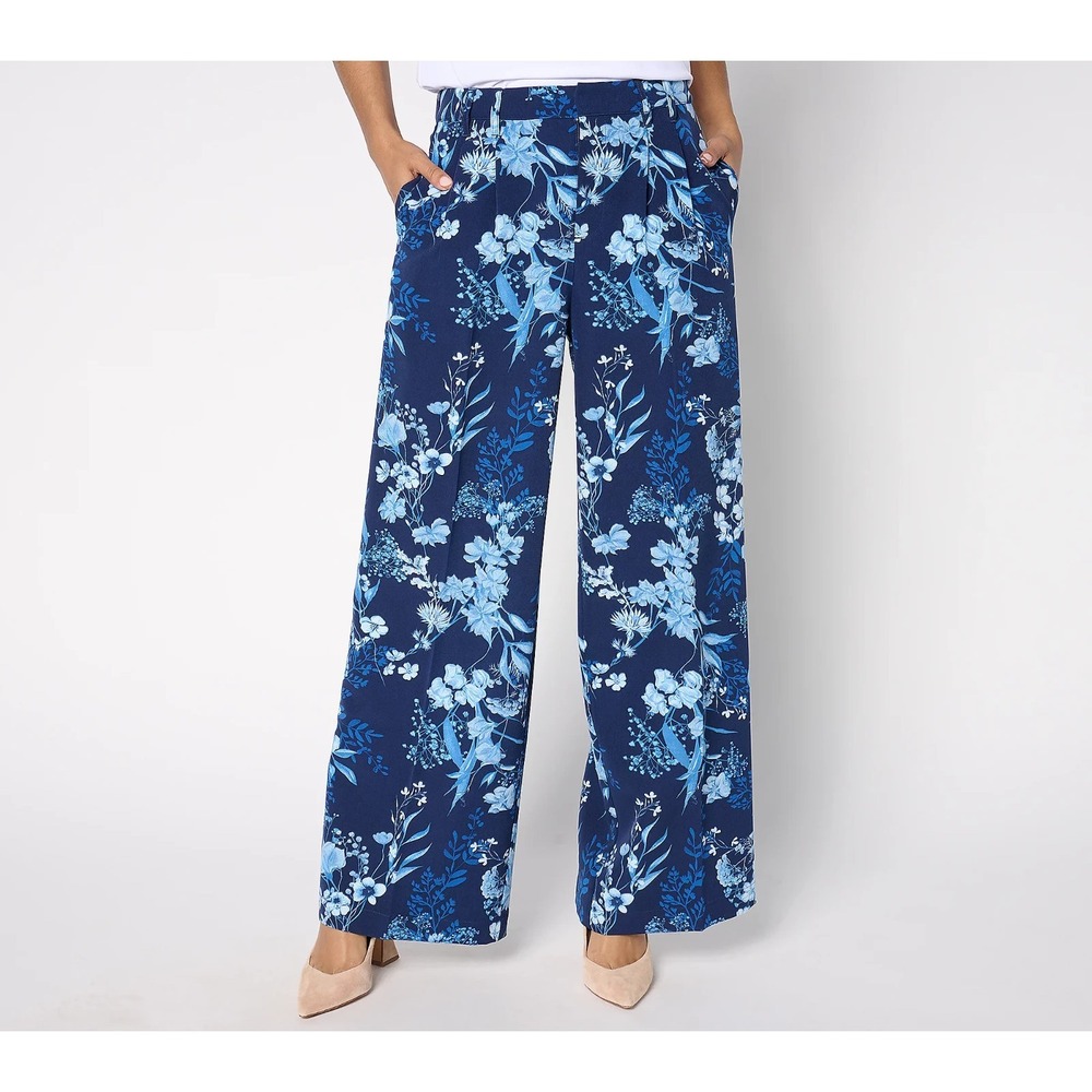 Joan Rivers Navy Blue Floral Wide-Leg Pants